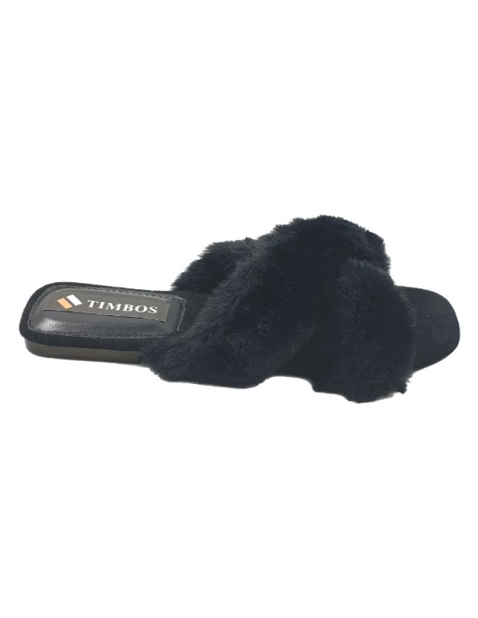 Timbos Zapatos - 123105 Chancla Plano para Mujer, Color Negro, Material Pelo, Cierre sin Cordones, Colección Invierno