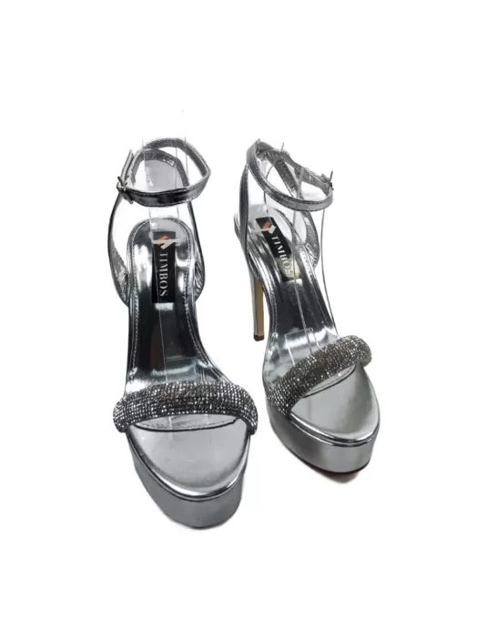 Sandalia de fiesta con tacón y plataforma en plata - Timbos Zapatos