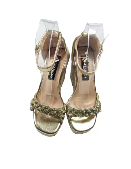 Sandalia cuña esparto y plataforma en color Oro - Timbos Zapatos