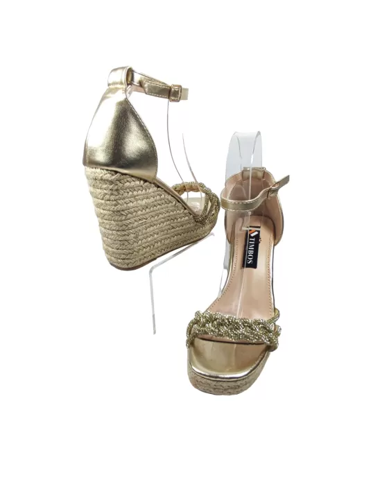 Sandalia cuña esparto y plataforma en color Oro - Timbos Zapatos