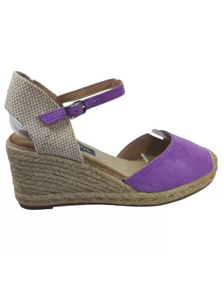 Sandalia cuña de esparto en color purpura - Timbos Zapatos