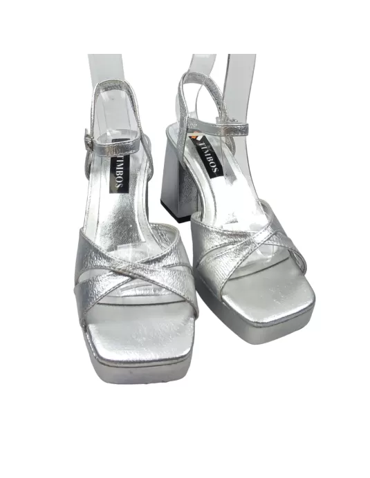 Sandalia de tacón y plataforma en color plata - Timbos Zapatos