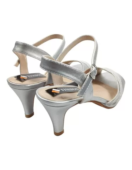 sandalia tacón fiesta de mujer en plata- Timbos Zapatos