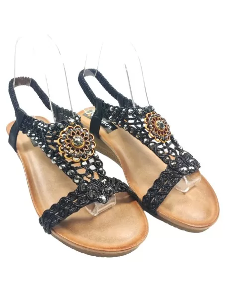 Sandalia cuña baja de mujer en color negro - Timbos zapatos