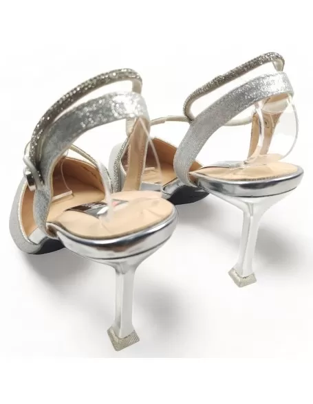 Sandalia de tacón fiesta destalonado color plata- Timbos zapatos