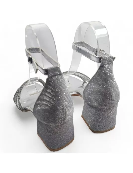Sandalia plateada con tacón ancho y bajo - Timbos Zapatos