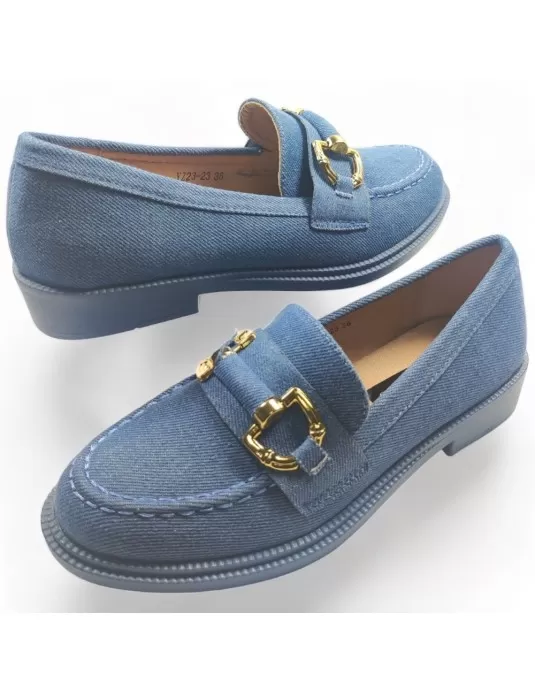 Mocasín azul de mujer con tacón bajo - Timbos Zapatos