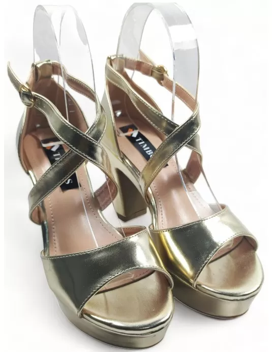 Sandalia de fiesta dorada, tacón ancho y plataforma - Timbos Zapatos