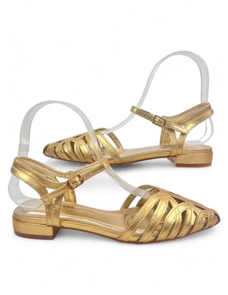 Sandalia de fiesta con tacón bajo, dorada- Timbos Zapatos