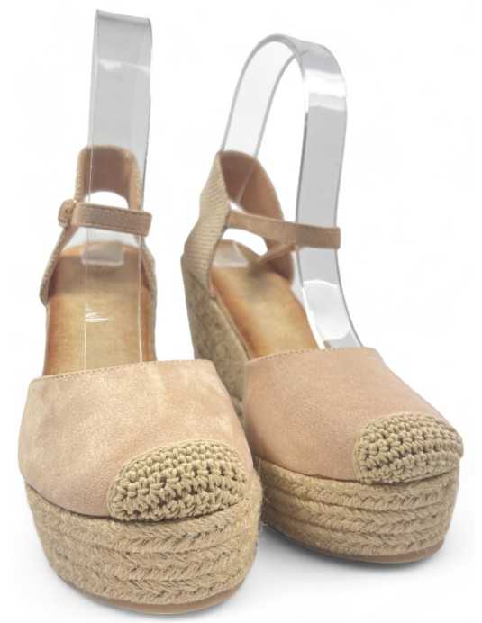 Sandalia cuña de esparto alta en color beige - Timbos Zapatos