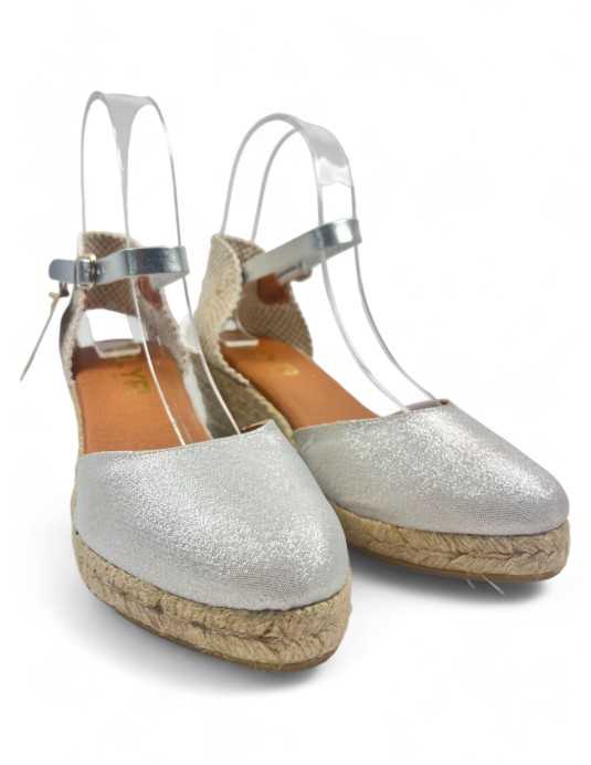 Sandalia de cuña esparto de piel, color plata- Timbos Zapatos