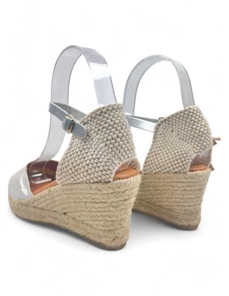 Sandalia de cuña esparto de piel, color plata- Timbos Zapatos
