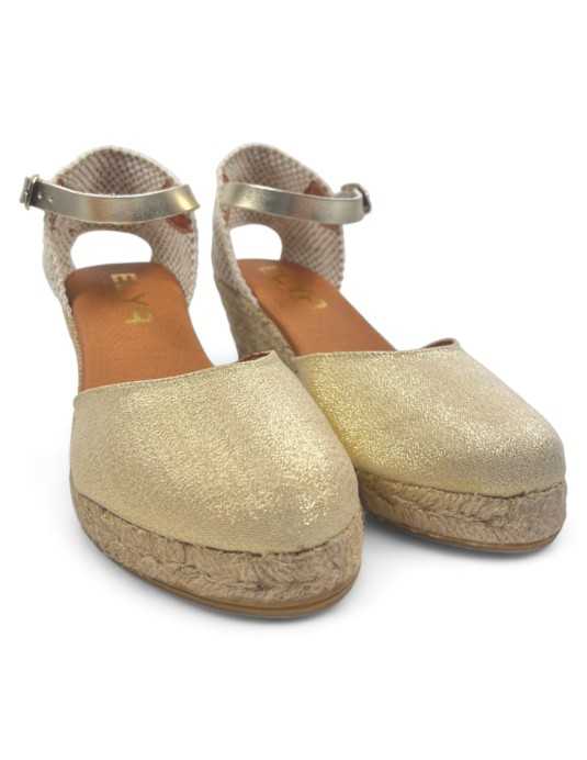 Sandalia de cuña esparto de piel, color oro - Timbos Zapatos