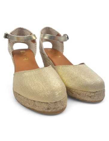 Sandalia de cuña esparto de piel, color oro - Timbos Zapatos