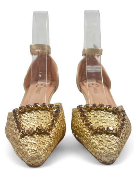Sandalia de fiesta dorada con tacón fino y bajo - Timbos Zapatos