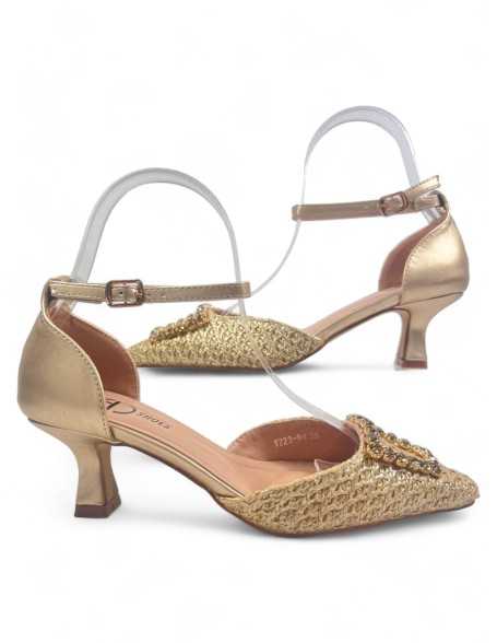 Sandalia de fiesta dorada con tacón fino y bajo - Timbos Zapatos