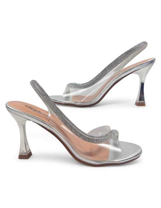 Sandalia de fiesta transparente en color plata - Timbos Zapatos