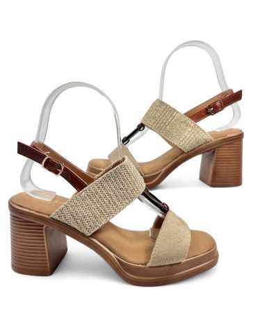 Sandalia de tacón de madera en color kaki- Timbos Zapatos
