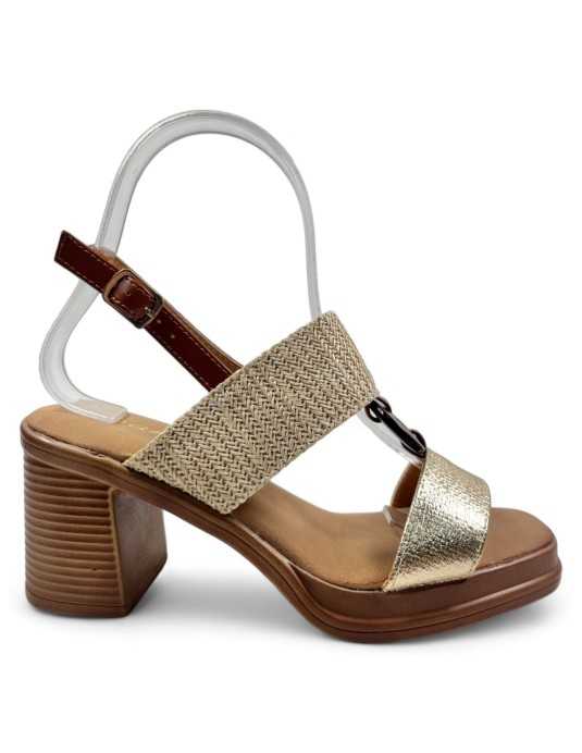 Sandalia de tacón de madera en color oro - Timbos Zapatos