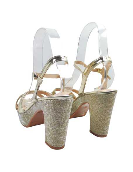 Sandalia de fiesta con tacón ancho, color oro - Timbos Zapatos