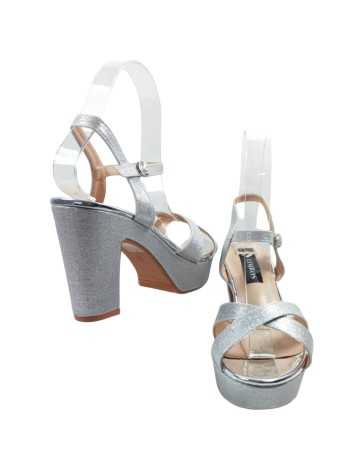 Sandalia plateada con tacón ancho y plataforma - Timbos Zapatos