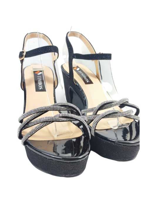 Sandalia de fiesta negra con tacón ancho y plataforma - Timbos Zapatos