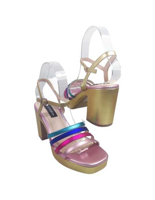 Sandalia de fiesta con tacón ancho, multicolor - Timbos Zapatos