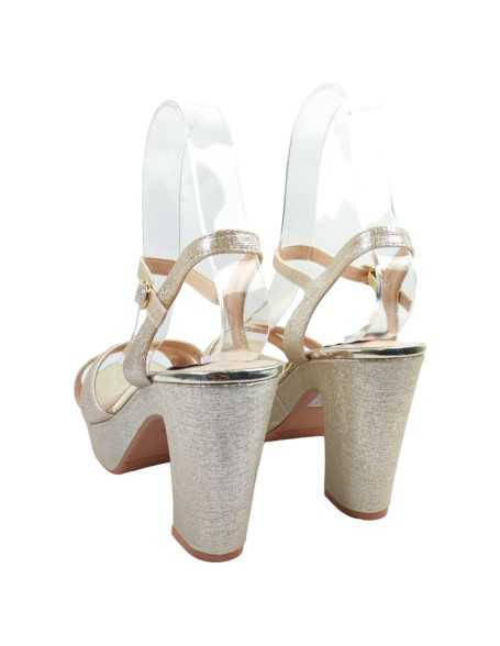 Sandalia dorada de fiesta, tacón ancho y plataforma - Timbos Zapatos