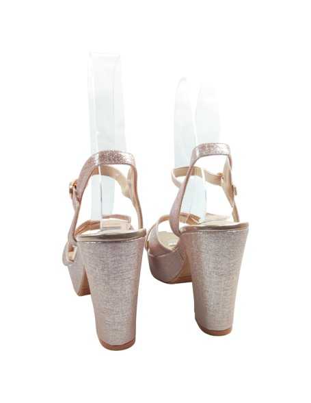 Sandalia champagne de fiesta, tacón ancho, plataforma - Timbos Zapatos