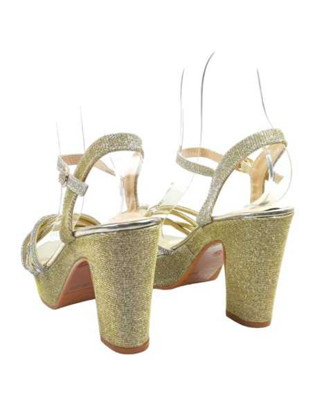 Sandalia dorada de fiesta, tacón ancho y plataforma - Timbos Zapatos