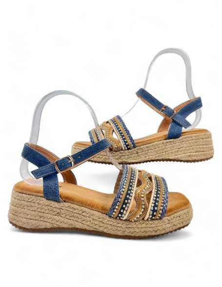 Sandalia cuña y plataforma de esparto color azul - Timbos Zapatos