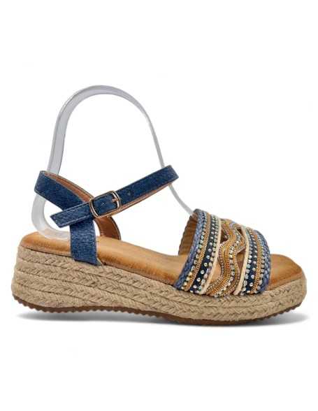 Sandalia cuña y plataforma de esparto color azul - Timbos Zapatos
