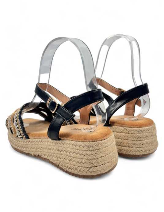 Sandalia cuña y plataforma de esparto color negro - Timbos Zapatos