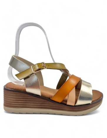 Sandalia cuña cómoda de verano dorada, mujer - Timbos Zapatos