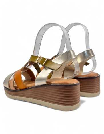 Sandalia cuña cómoda de verano dorada, mujer - Timbos Zapatos