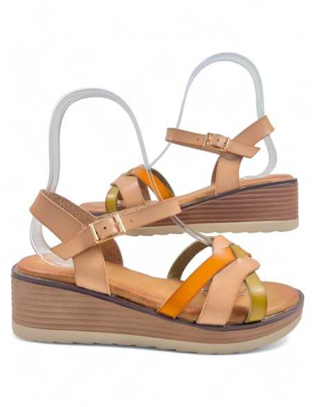Sandalia cuña cómoda de verano apricot, mujer - Timbos Zapatos