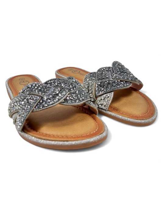Sandalia plana de mujer en color plata - Timbos zapatos