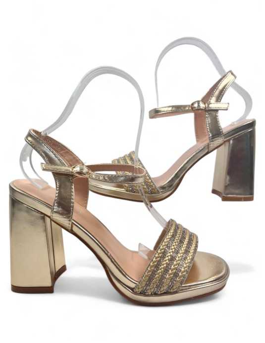Sandalia de fiesta con tacón oro - Timbos Zapatos