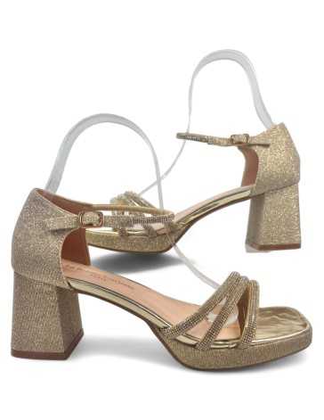 Sandalia de fiesta con tacón bajo y plataforma, oro - Timbos Zapatos