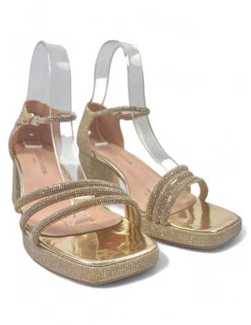Sandalia de fiesta con tacón bajo y plataforma, oro - Timbos Zapatos
