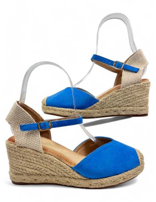 Sandalia cuña de esparto color azul - Timbos Zapatos