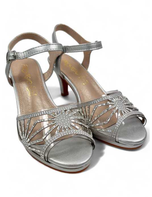 Sandalia tacon comodo fiesta mujer plata - Timbos Zapatos