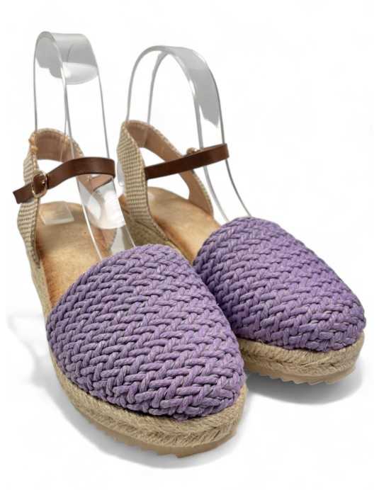 Sandalia cuña de esparto color morado - Timbos Zapatos