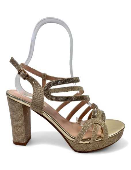 Sandalia dorada con tacón ancho y plataforma - Timbos Zapatos