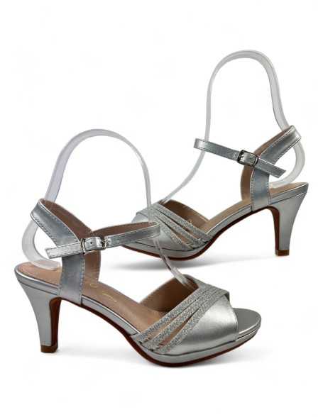 Sandalia de fiesta con tacon en color plata - Timbos zapatos