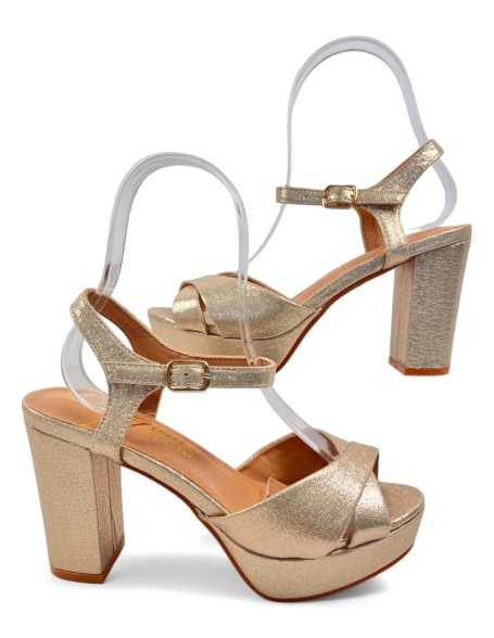 Sandalia tacon fiesta plataforma mujer oro - Timbos Zapatos