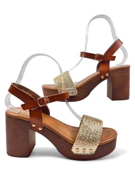 Sandalia de tacón de madera en color dorado - Timbos Zapatos