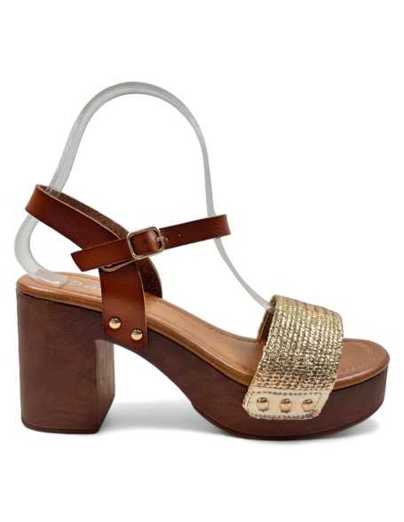 Sandalia de tacón de madera en color dorado - Timbos Zapatos