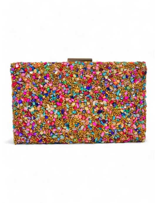 Clutch pedrería color multi/oro- Timbos zapatos