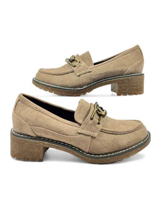 Mocasin tacon vestir de mujer color taupe - Timbos zapatos